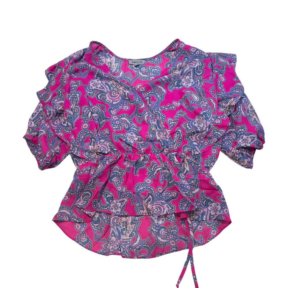 Floral & Ivy Pink Paisley Peplum Wrap Top Short Sleeve V-Neck Blouse T65428451 M